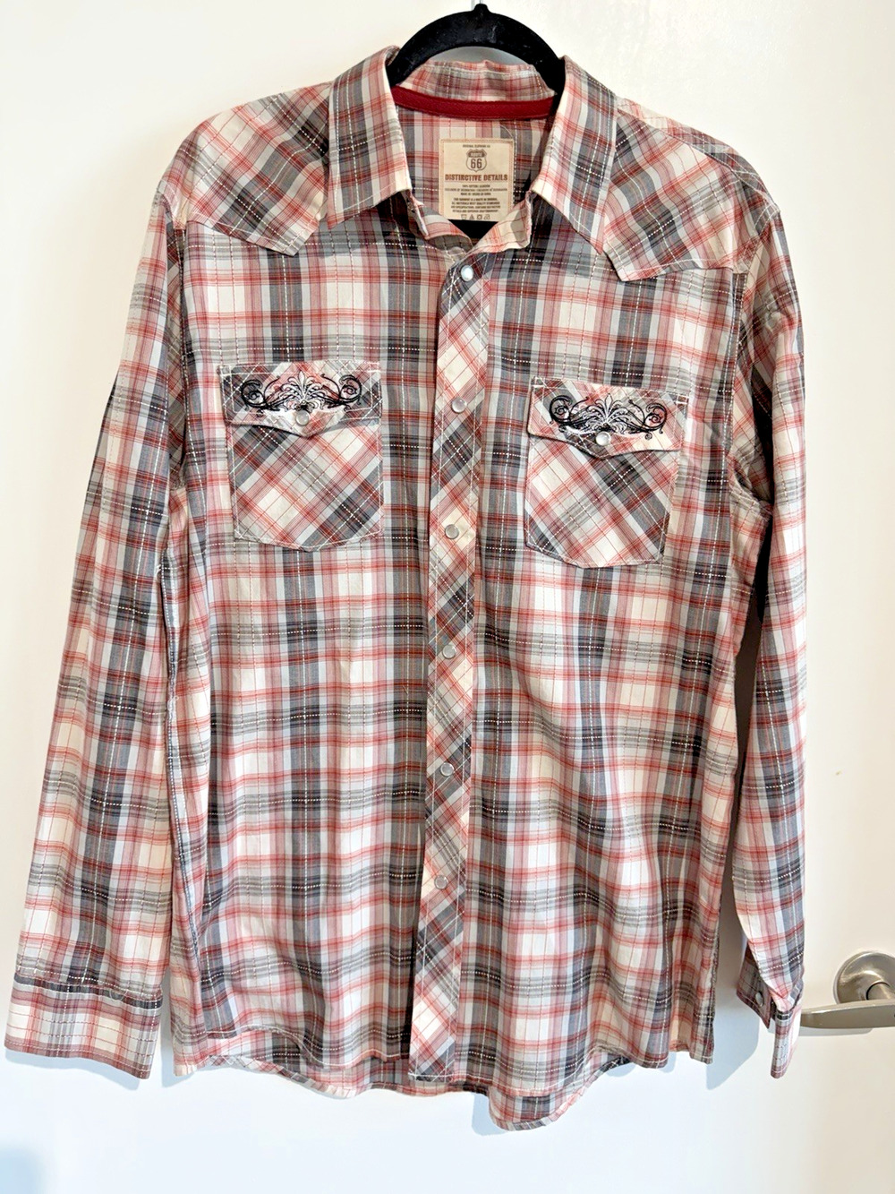 Route 66 Distinctive detail Western Shirt Pearl Snap Embroidered Plaid Yoke Sz-L